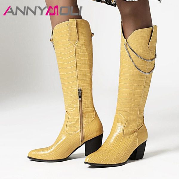 

annymoli high heel woman boots pointed toe knee high boots chunky heel shoes zip female long autumn winter white size 46, Black