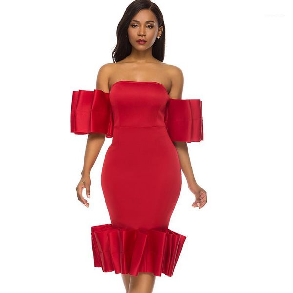 

off shoulder sheath christmas red women's bodycon midi dress tube pleated ladies stylish events occassion party dresses1, Black;gray