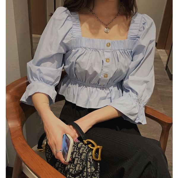 

2020 spring and summer new sweet super fairy one-line shoulder women's shirtshirt shirtshort square collar flounced waist shirt, White