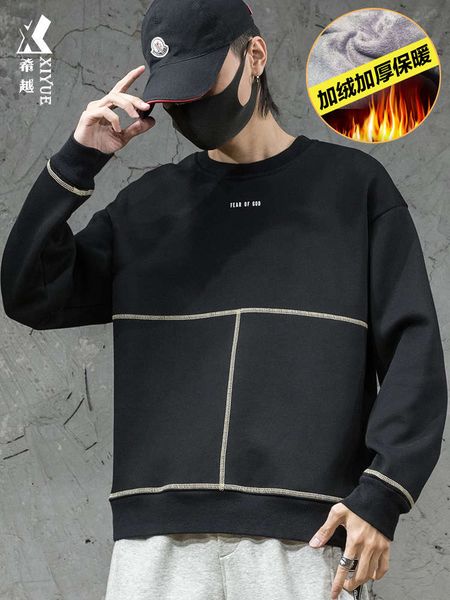 

xiyue autumn style fattening and enlarging men's sweater plush thickening winter fat man's large round neck top, Black