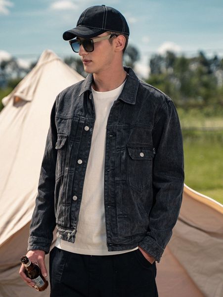 

men paisley print flap pocket denim jacket e1x4#, Blue