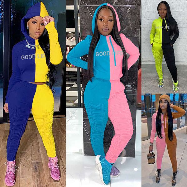

sports women's 2020 suit fashion leisure contrast color stitching pleated letter hooded sweater pants 2-piece set, Gray