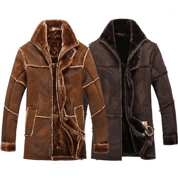 

velvet line fashion retro vintage thick warm winter pilot bomber suede leather jacket men long fur coat male overcoat brown1, Black
