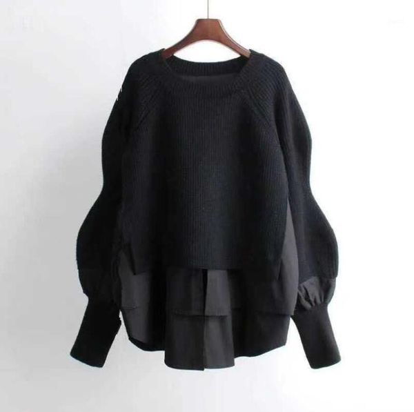 

2021 autumn winter knitted women pullover sweater causal long sleeve o-neck stitching shirt fake two-piece suit jumpers p20271, White;black