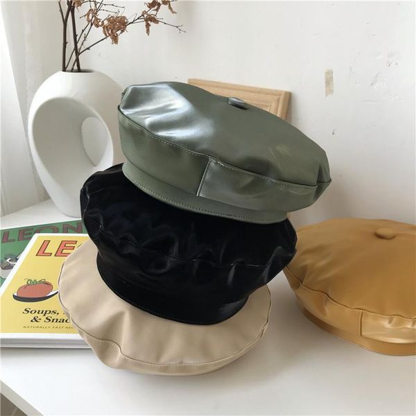 

pu leather hat reflective bright leather beret chapeu feminino cappello donna gorras casquette czapka dla dziewczynki chapeau, Blue;gray