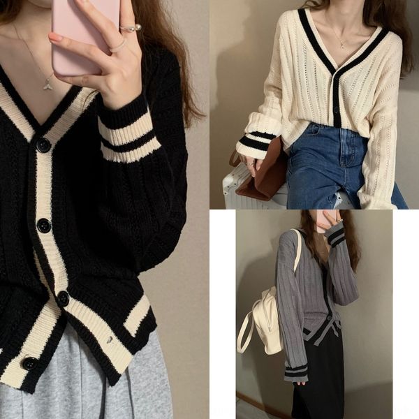 

hlgh1 new ins hanfeng sweater jacket minimaliststyle v-neck 2020 knitted lazy and sweater jacket in pinfn and winter loose autumn, White;black