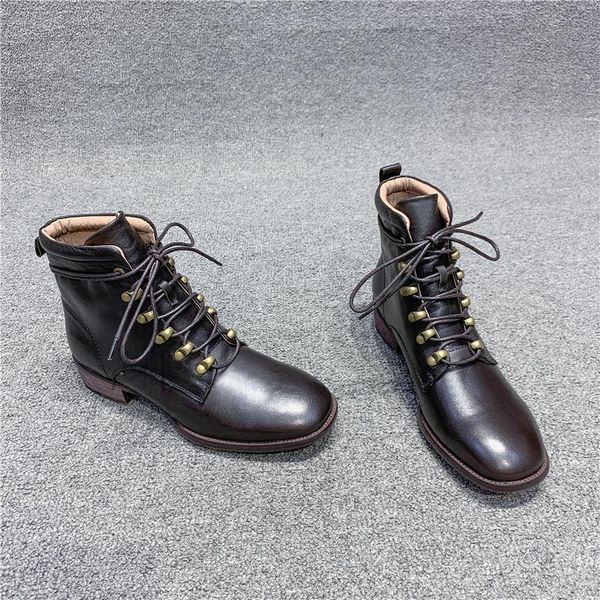 

boots 2021 autumn winter retroboots women's genuine leather chunky heel booties square toe all-matching lace-up trendy, Black