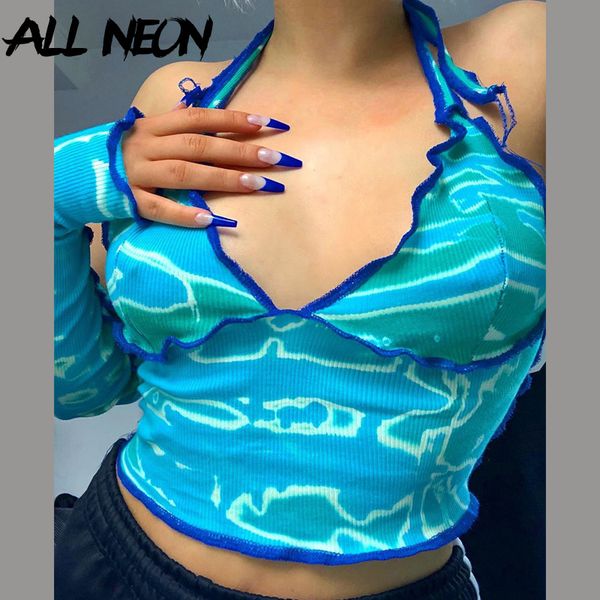 

allneon y2k fashion printing halter ribbed blue tank e girl style v-neck bandage backless with sleeve crop party wear, White