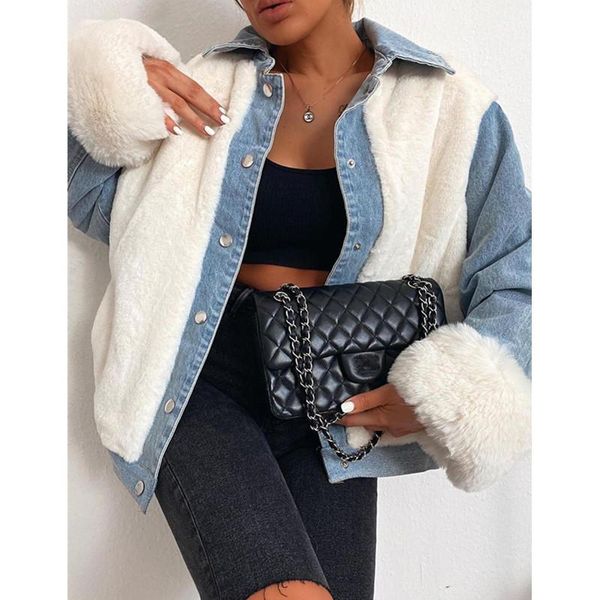 

women's jackets 2021 autumn and winter youth fashion stand-up collar plush denim stitching cotton-padded jacket casual all-match top, Black;brown