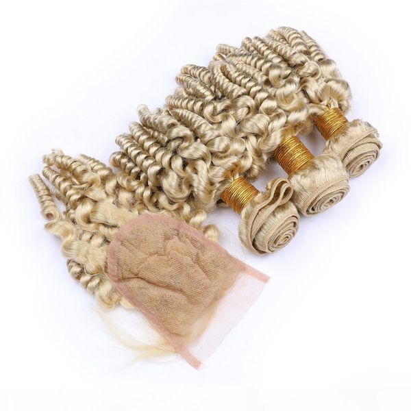 

aunty funmi bleach blonde brazilian virgin weave bundles 3pcs with closure bouncy curly #613 blonde front lace closure 4x4 with weaves, Black;brown