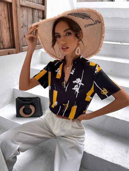 

floral print notched neckline blouse 064c#, White