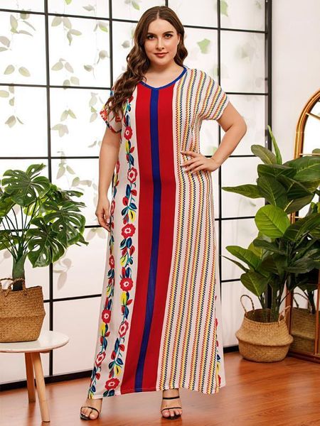 

floral print plus size women maxi dress summer clothes v neck short sleeve ethnic long dress casual loose arab clothing vestidos1, White;black