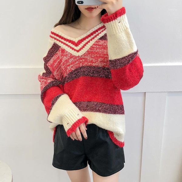 

new arrival fashion korean winter knitted women rainbow sweater v-neck light striped hole design batwing pullover1, White;black