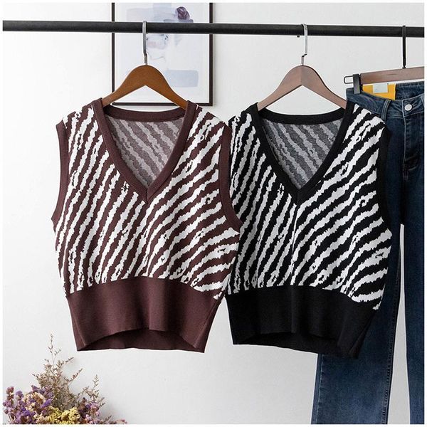 

korean vintage zebra stripes sweater vest for women 2021 autumn winter knitted vest sleeveless jecket chaleco mujer1, Black;white