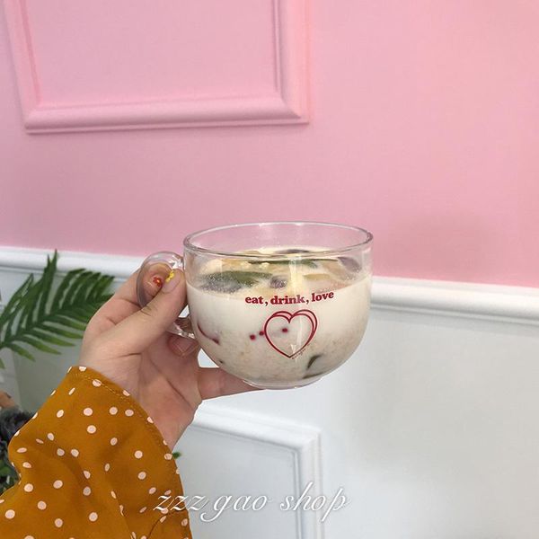 

mugs korea ins double love heart breakfast glass cup big capacity girly milk coffee water cups and handle gift for girlfriend