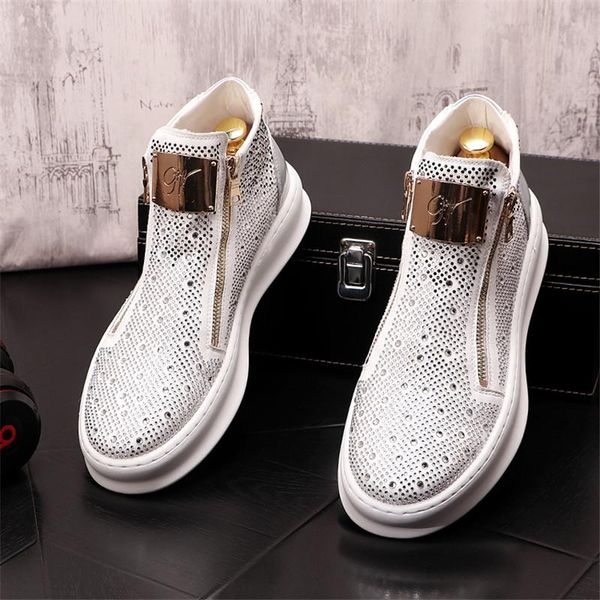 

white black rhinestone punk men sneakers flats designer casual shoes hip hop male zip ankle boots zapatillas hombre