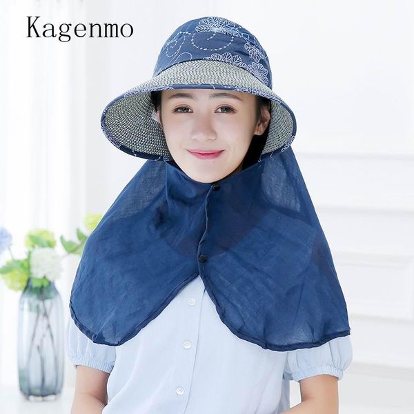 

wide brim hats kagenmo straw sun hat women sunscreen causal fold 2 uses summer outdoor leisure shade cap neck protection, Blue;gray