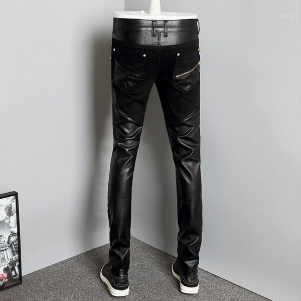 

2020 new fashion splice men motorcycle pants korean slim fit pu leather trousers streetwear casual zipper pencil pants plus size1, Black