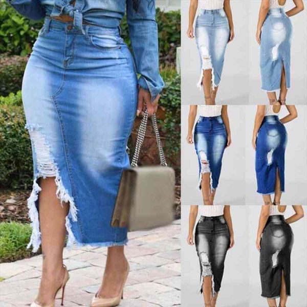 

sales women fashion high waist ripped split denim distressed jeans bodycon long skirt wholesale dropshipping skirts, Black