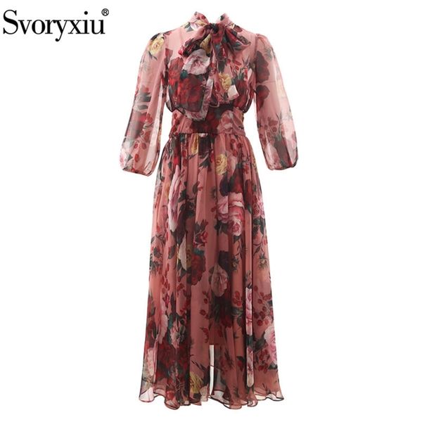 

svoryxiu new runway autumn party chiffon maxi dresses women's elegant bow collar vintage lace flower printed long dress lj200824, Black;gray