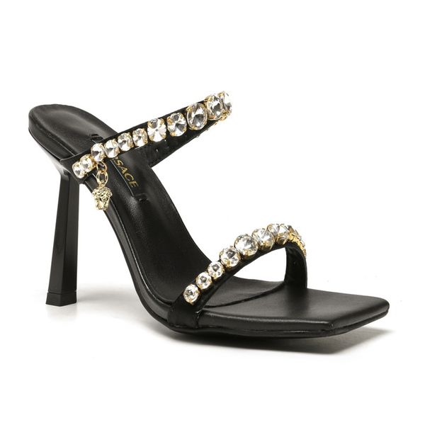

women's shoes summer high heel rhinestones sandals minimalist fine temperament women slippers silk face cool slipper 10cm, Black