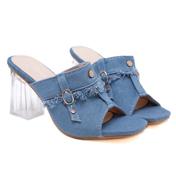 

2021 new novo toe denim chinelos femininos vero outono cristal transparente alto sandlias eu7a, Black