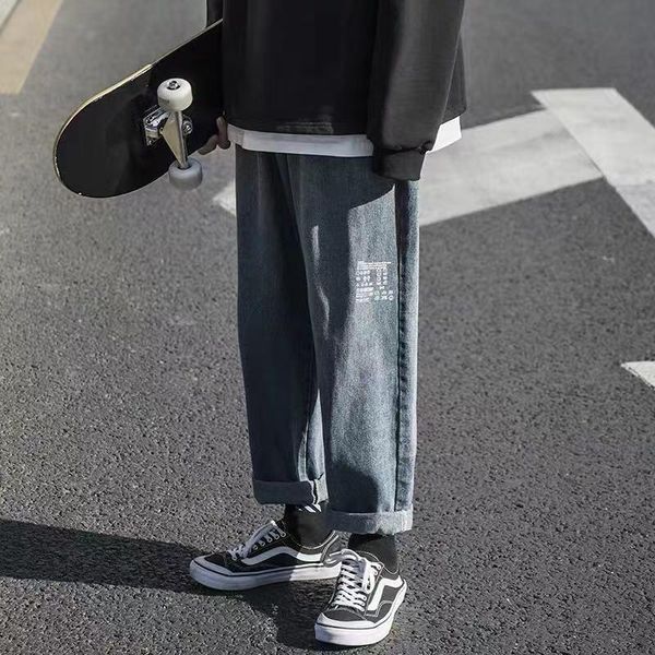 

2020 hong kong style jeans men's fashion brand loose straight pants men's student trend casual pants, Blue