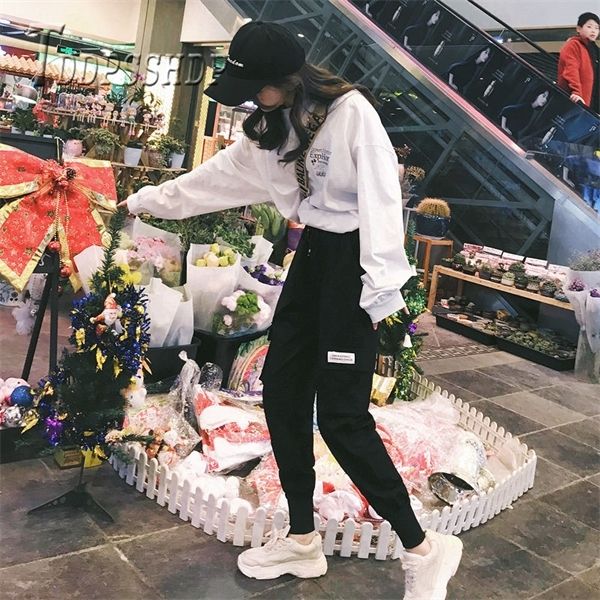 

2019 black and pink color can choose women cargo pants autumn ins popular female trousers 1020, Black;white