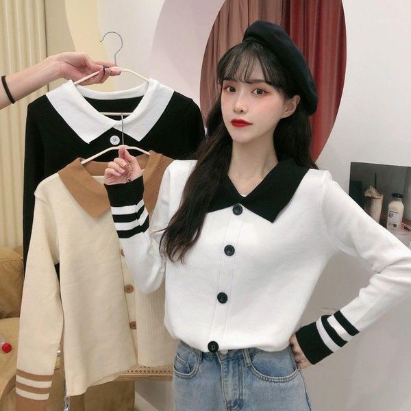 

autumn winter cardigans 2020 new fashion doll collar stitching sweater loose casual sweater women's trend vintage cardigan coats1, White