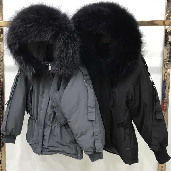 

large real raccoon fur 2021 women winter jacket hooded warm female white duck down jacket medium long parkas loose women coat dt191024, Black
