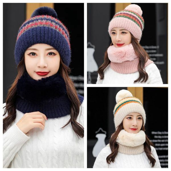 

woman winter hat circle scarf set plush fleece warm skiing beanie, Blue;gray