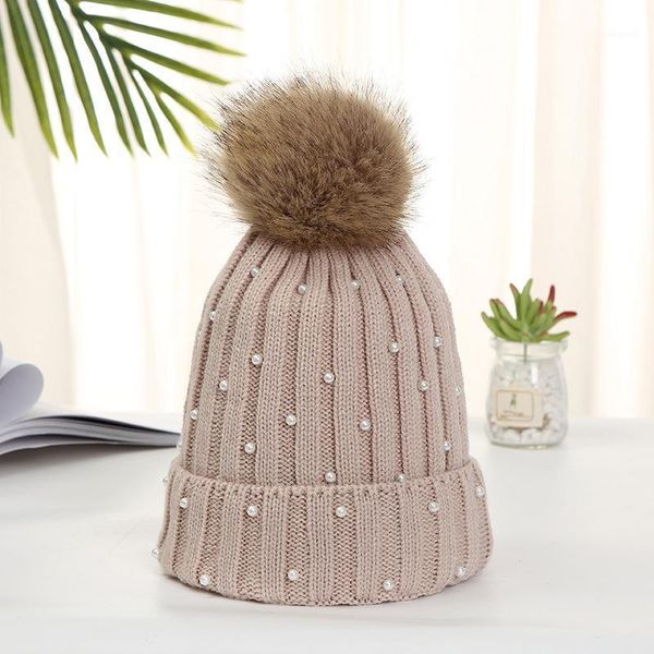 

beanie/skull caps imitation pearls knitted wool beanies hat for women thick warm fur pom bonnet skullies beanie pompom outdoor streetwear1, Blue;gray