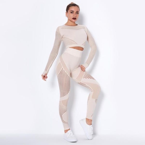 

yoga outfits seamless mesh set women workout hollow out long sleeve sportswear gym clothing suit outfit fitness suits, White;red