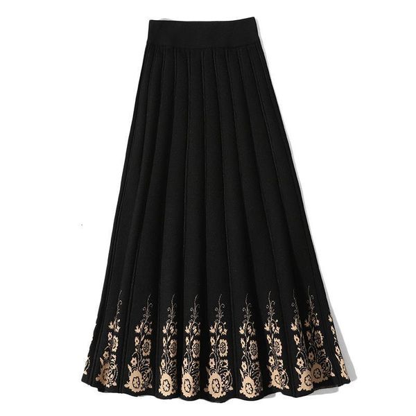 

autumn winter women's skirt ethnic floral print knitted skirt new casual slimming mid-length female pleated skirts ll454, Black
