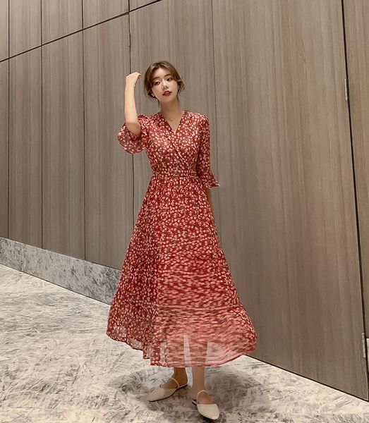

gruiiceen chiffon cherry print summer dresses flare sleeve maxi dresses for women elastic waist vintage long dress gy2020934, Black;gray