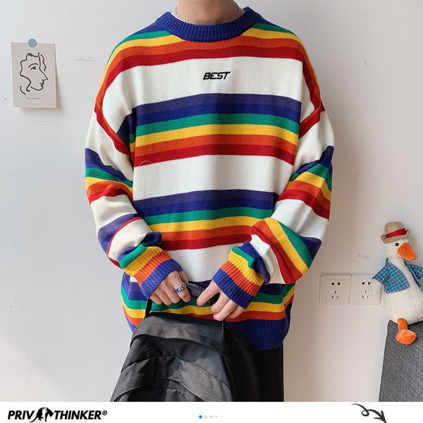 

privathinker harajuku autumn men's knitted sweaters korean men rainbow striped pullovers women casual oversized sweater 201026, White;black