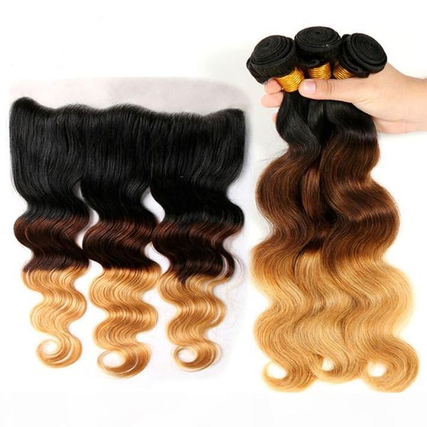 

colored 1b 4 27 raw virgin indian body wave human hair weave bundles with closure 3 tone honey blonde lace frontal 13x4 and ombre extensions, Black;brown