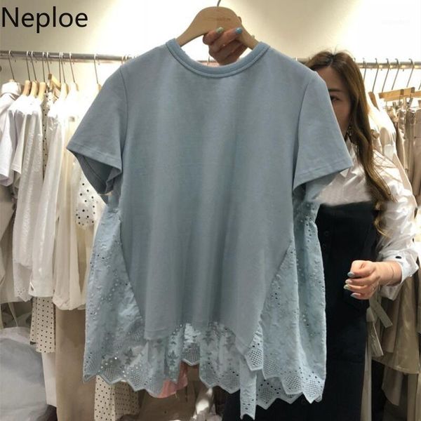 

neploe 2020 new lace patchwork tshirt korean causal short sleeve o-neck t-shirt spring summer sweet loose tee 591741, White