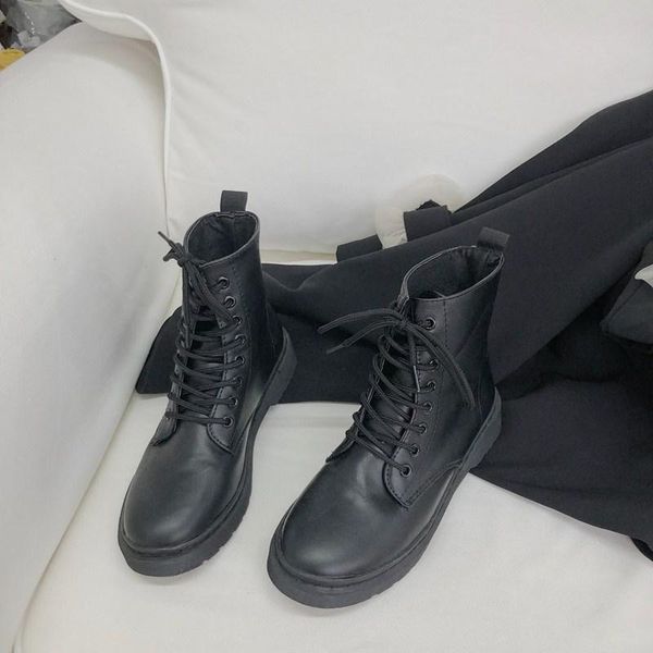 

round toe lady boots women's rubber shoes rain lace up luxury designer boots-women ladies lolita fashion 2020 rock ankle med, Black