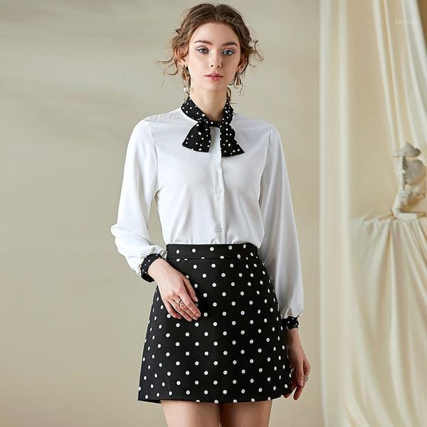

skirt and set 2020 women spring fashion patchwork single breasted long-sleeved shirt + polka dot mini a-line skirt 2pcs set1, White