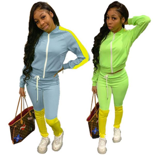 

ladies fluorescent green sports sets fashion color-blocked long sleeve zipper hooded pants suits designer female winter slim tracksuits, Gray