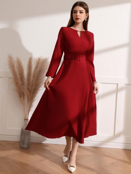 

keyhole neck buckled belted dress i6vd#, Black;gray