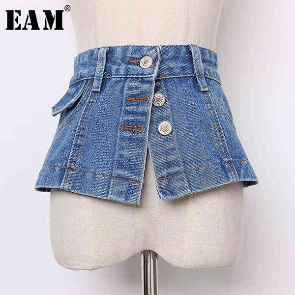 

[eam] 2022 new spring summer denim personality split joint irreguar button wide belt women fashion tide all-match jr896 aa220312, Black;brown
