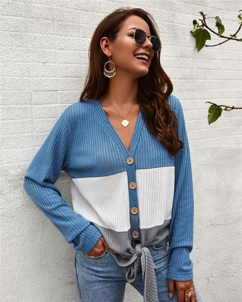 

women knitted blouse knit patchwork blouses deep v-neck long sleeve button down with bow shirt casual vintage ladies shirts1, White