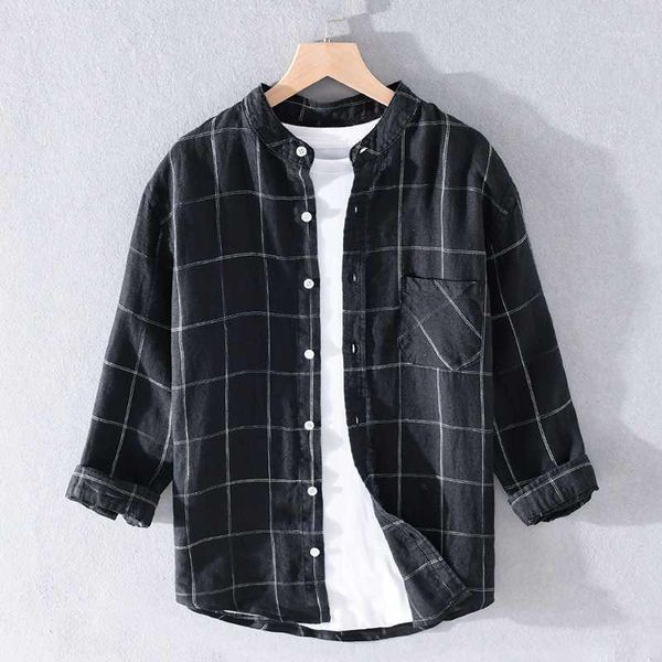 

100% linen three-quarter sleeved large plaid summer shirts men brand casual stand collar shirt for men fashion shirt mens camisa1, White;black