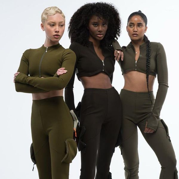 

uhhfuyf thick fitness army green trouser sets women bodycon sweatshirts zipper tight t-shirts and high waist pencil pants1, Gray