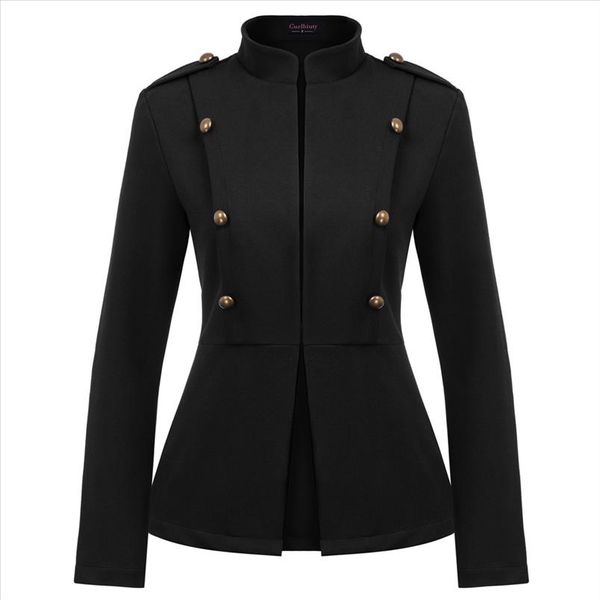 

vintage slim coat women casual long sleeve stand collar buttons fit solid color elegant party office lady work business jacket, Black;brown