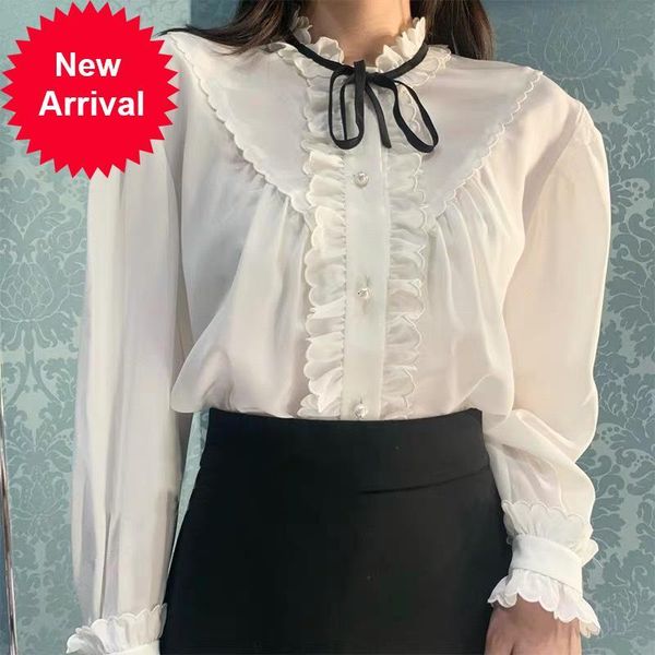 

2021 new design of stylish fashion brand clothing upper new fall ruffles women's shirt bow chiffon blouse long white sleeve nemp