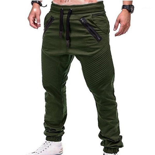 

mens joggers casual pants men fashion drawstring zip strips pockets ankle tied long pants sports trousers jogger track1, Black
