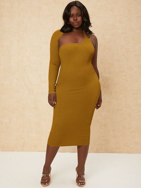 

sxy plus asymmetrical neck backless bodycon dress 94jf#, Black